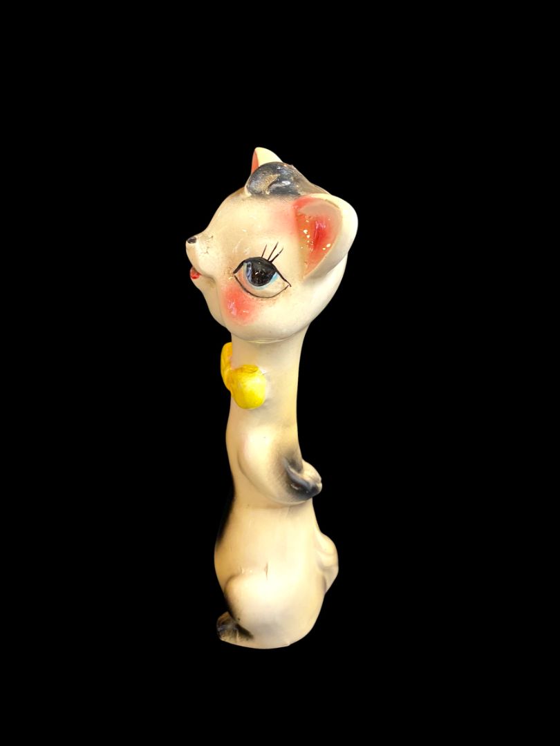 Midcentury Kitsch Cat Figurine Japan Ceramic Yellow Tie 7"