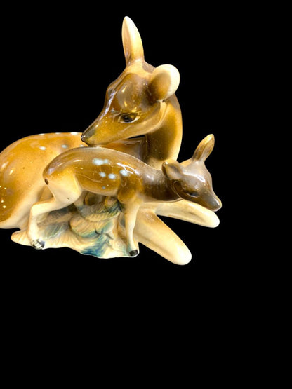 Vintage Deer and Fawn Figurine Ceramic Made in Japan 5.8"l