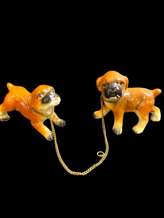 Vintage Ceramic Boxer Puppy Dogs on Chain Brown 3"h
