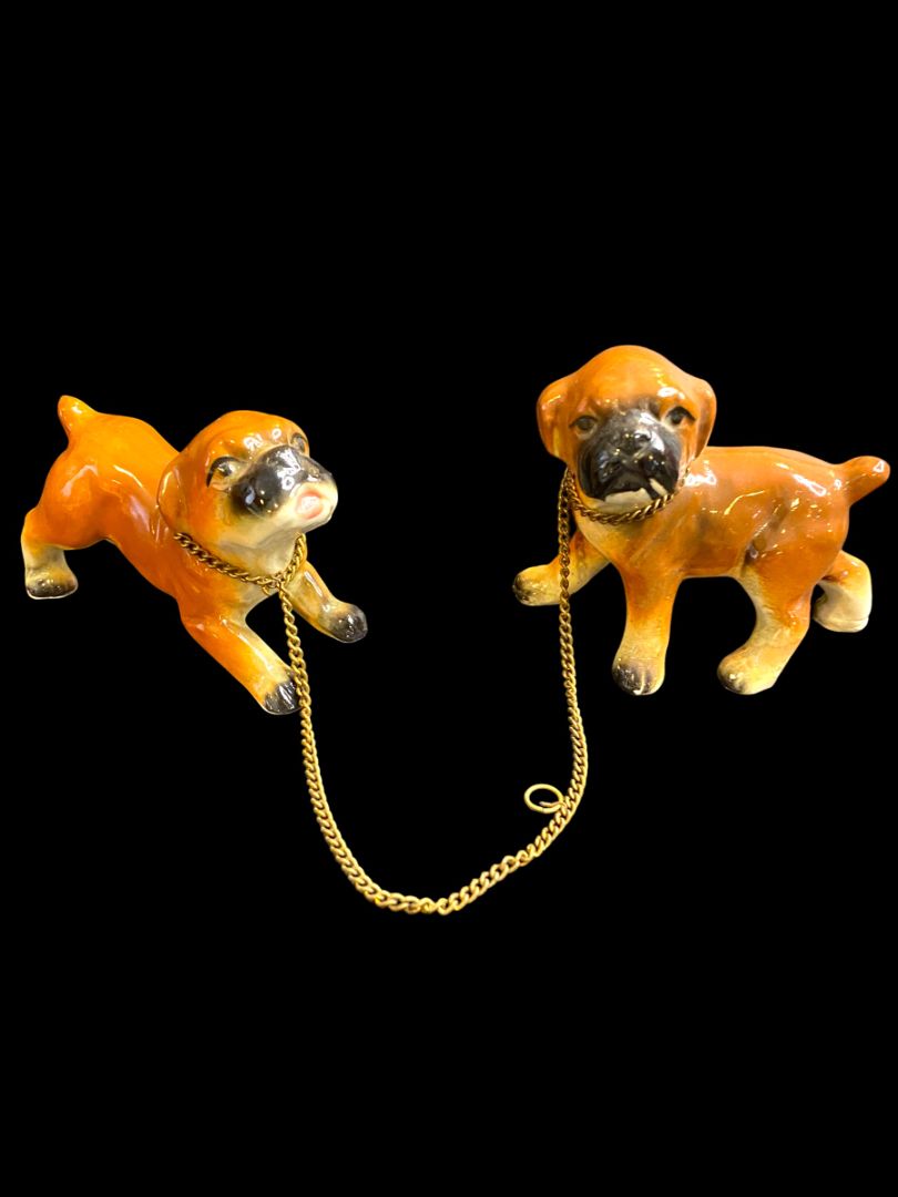 Vintage Ceramic Boxer Puppy Dogs on Chain Brown 3"h