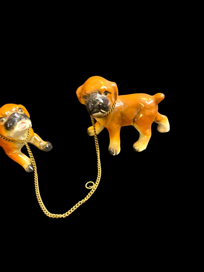 Vintage Ceramic Boxer Puppy Dogs on Chain Brown 3"h
