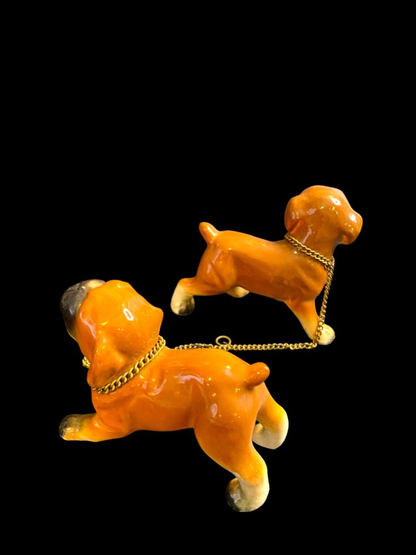Vintage Ceramic Boxer Puppy Dogs on Chain Brown 3"h