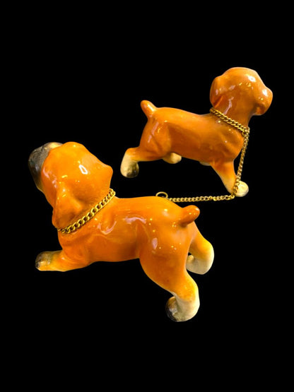 Vintage Ceramic Boxer Puppy Dogs on Chain Brown 3"h