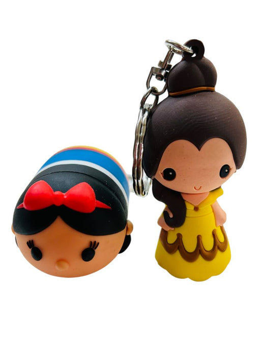 Set of 2 Disney Tsum Tsum Belle Snow White Vinyl Figure Keychain Key Rings 2.25"