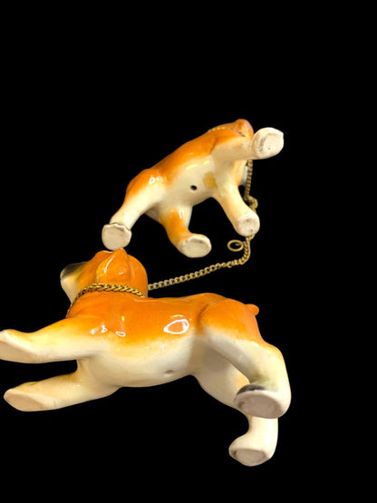 Vintage Ceramic Boxer Puppy Dogs on Chain Brown 3"h