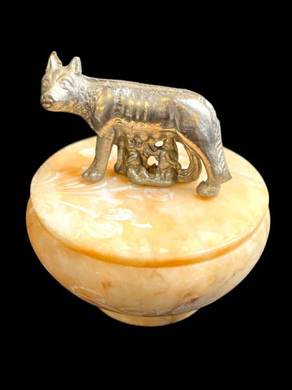 Vintage She Wolf Trinket Box Dish Etched Stone Romulus and Remus