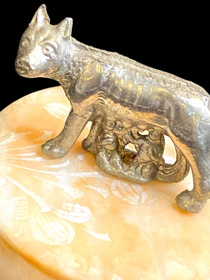 Vintage She Wolf Trinket Box Dish Etched Stone Romulus and Remus