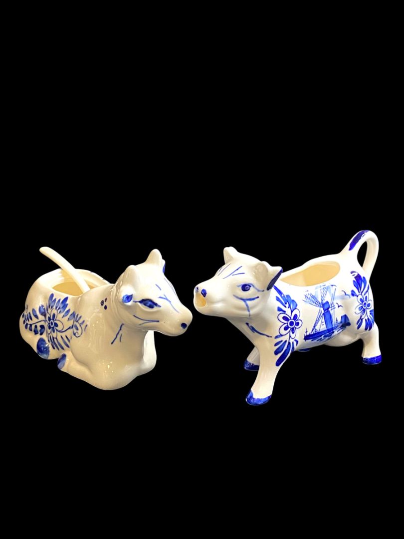 Vintage Delft Style Figural Cow Creamer and Sugar Set Windmill Design
