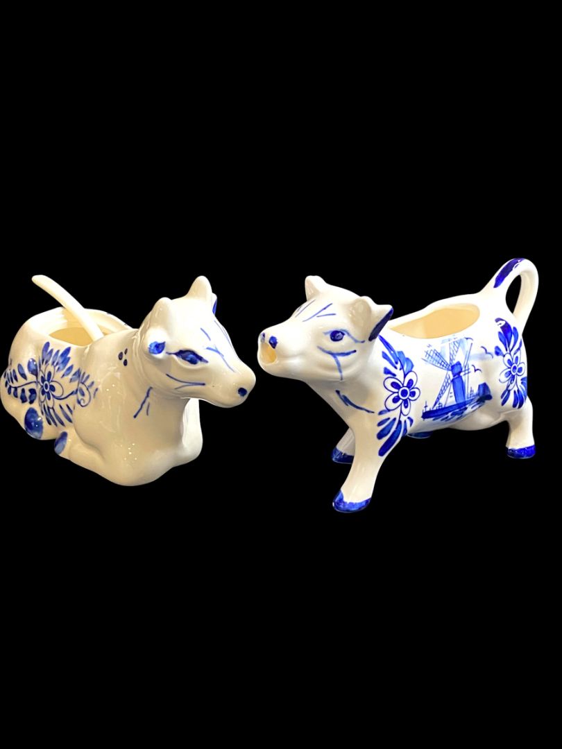 Vintage Delft Style Figural Cow Creamer and Sugar Set Windmill Design