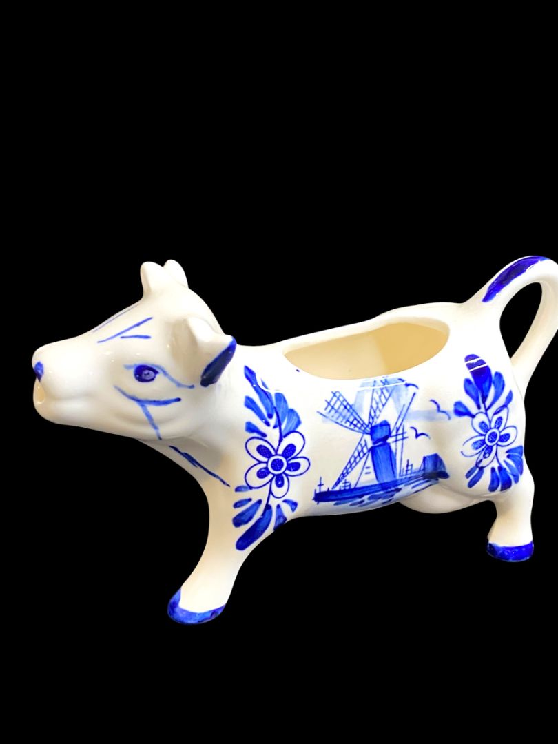 Vintage Delft Style Figural Cow Creamer and Sugar Set Windmill Design