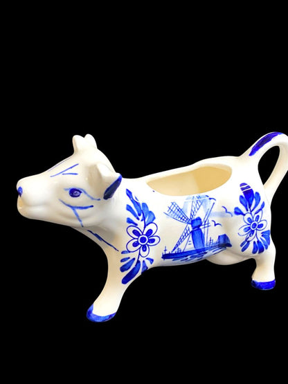 Vintage Delft Style Figural Cow Creamer and Sugar Set Windmill Design