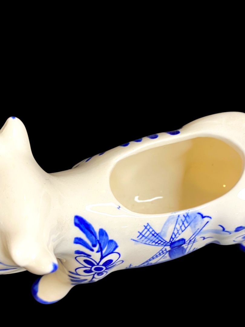 Vintage Delft Style Figural Cow Creamer and Sugar Set Windmill Design