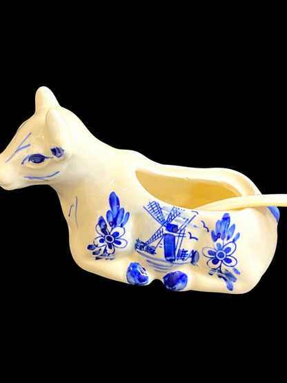 Vintage Delft Style Figural Cow Creamer and Sugar Set Windmill Design