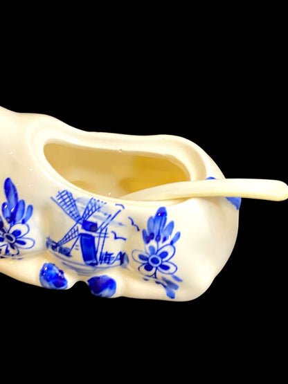 Vintage Delft Style Figural Cow Creamer and Sugar Set Windmill Design