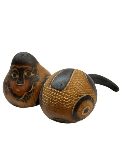 Set of 2 Peruvian Carved Gourds Fish and Monkey 3"