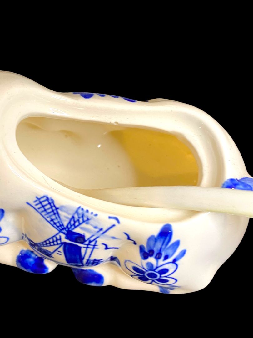 Vintage Delft Style Figural Cow Creamer and Sugar Set Windmill Design