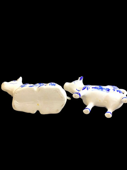 Vintage Delft Style Figural Cow Creamer and Sugar Set Windmill Design