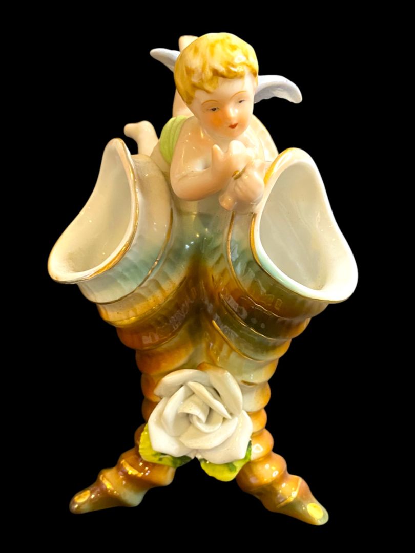 Vintage Triple Bud Vase Ceramic Angel Cherub 6.5"h