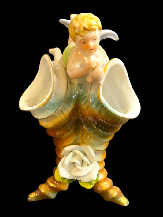 Vintage Triple Bud Vase Ceramic Angel Cherub 6.5"h