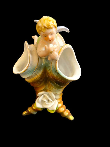 Vintage Triple Bud Vase Ceramic Angel Cherub 6.5"h