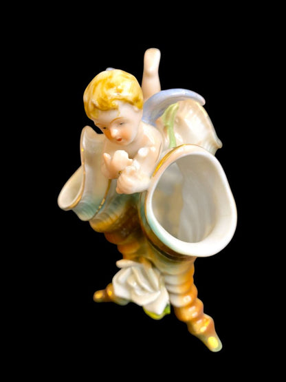 Vintage Triple Bud Vase Ceramic Angel Cherub 6.5"h