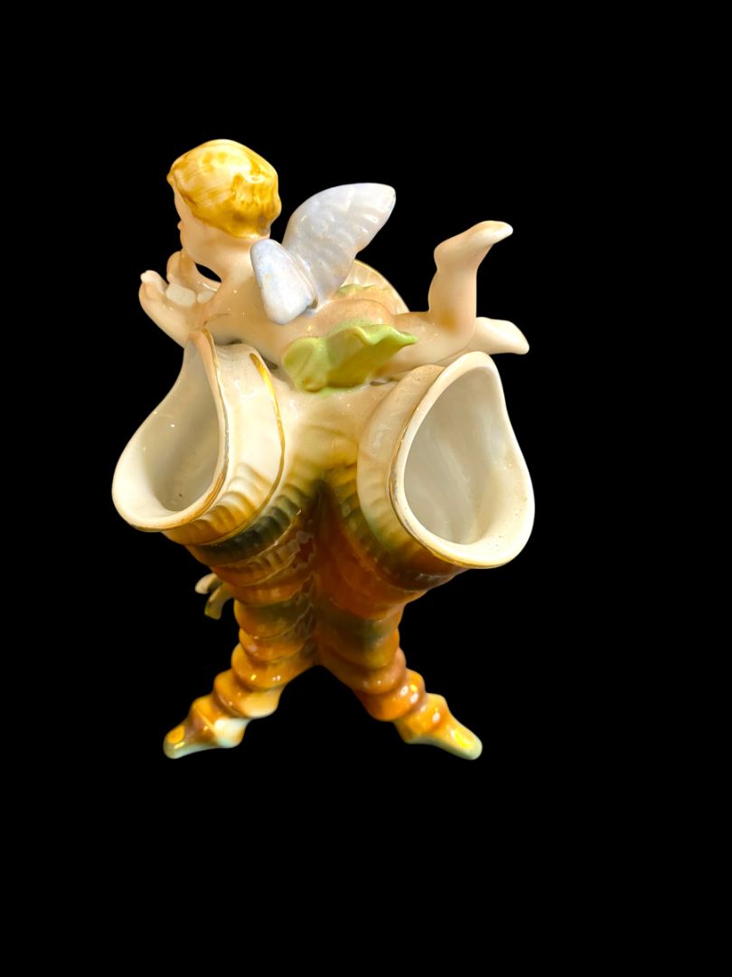Vintage Triple Bud Vase Ceramic Angel Cherub 6.5"h