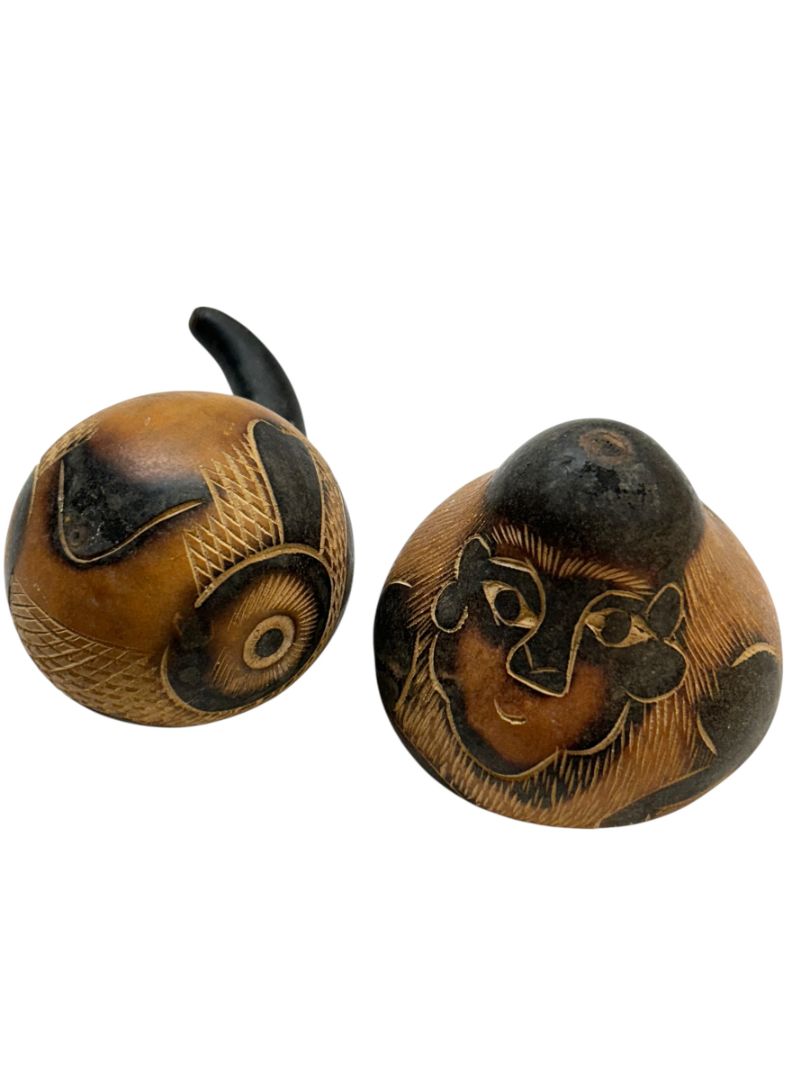 Set of 2 Peruvian Carved Gourds Fish and Monkey 3"