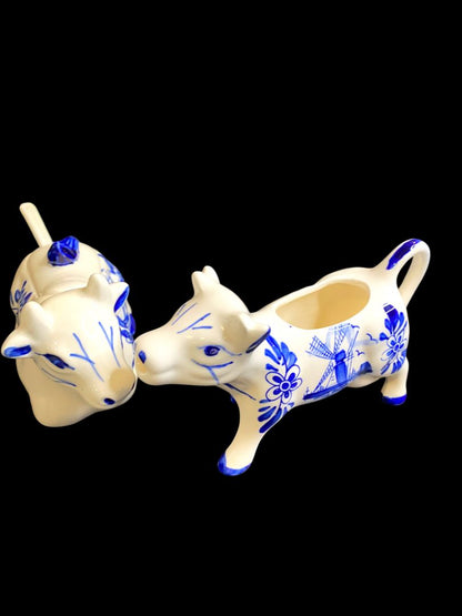 Vintage Delft Style Figural Cow Creamer and Sugar Set Windmill Design