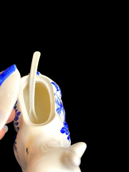 Vintage Delft Style Figural Cow Creamer and Sugar Set Windmill Design