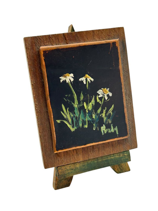 Vintage Small 2.5" x 4.25"  Painting Signed Purdy on Copper Daisies on Easel