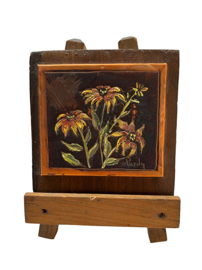 Vintage Small 4" x 6"  Painting Signed Purdy on Copper Flowers on Easel