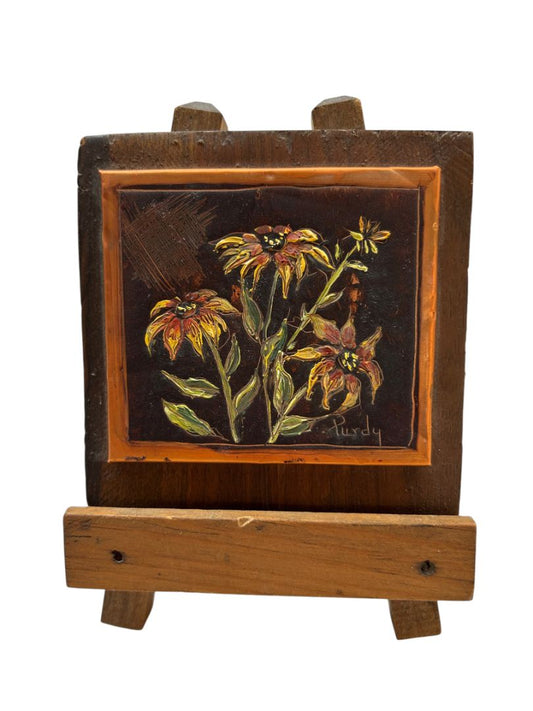 Vintage Small 4" x 6"  Painting Signed Purdy on Copper Flowers on Easel