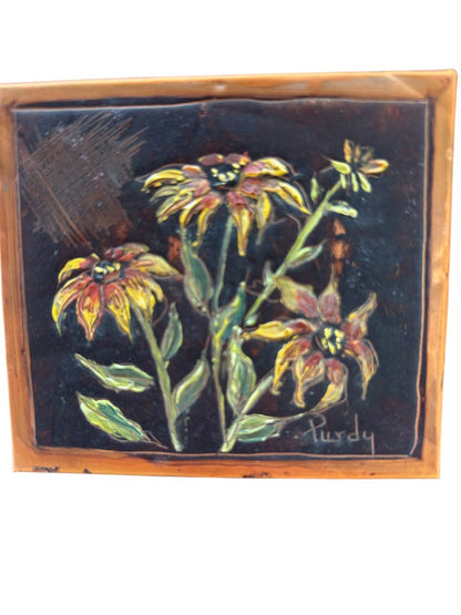 Vintage Small 4" x 6"  Painting Signed Purdy on Copper Flowers on Easel