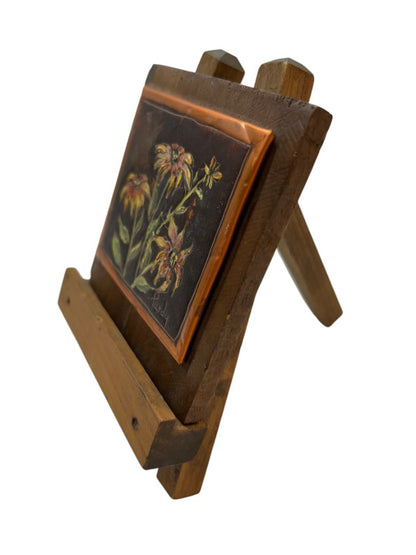 Vintage Small 4" x 6"  Painting Signed Purdy on Copper Flowers on Easel