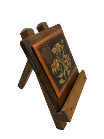 Vintage Small 4" x 6"  Painting Signed Purdy on Copper Flowers on Easel