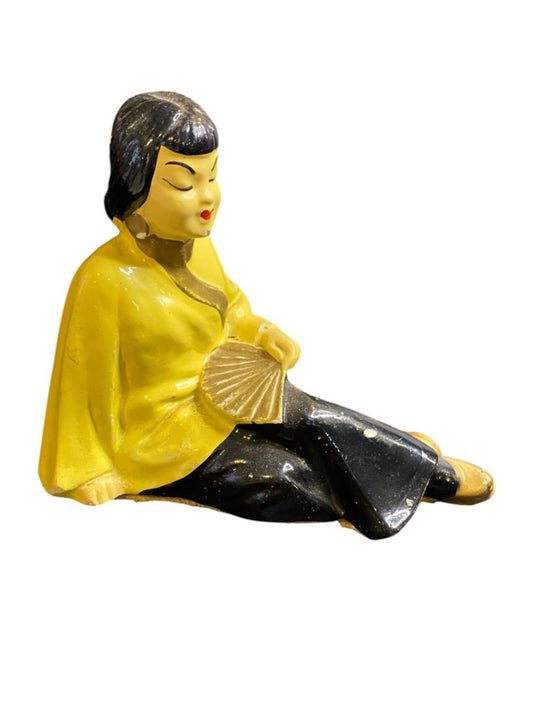 Midcentury Asian Chalkware Figurine Woman Sitting with Fan 5"l x 4"h