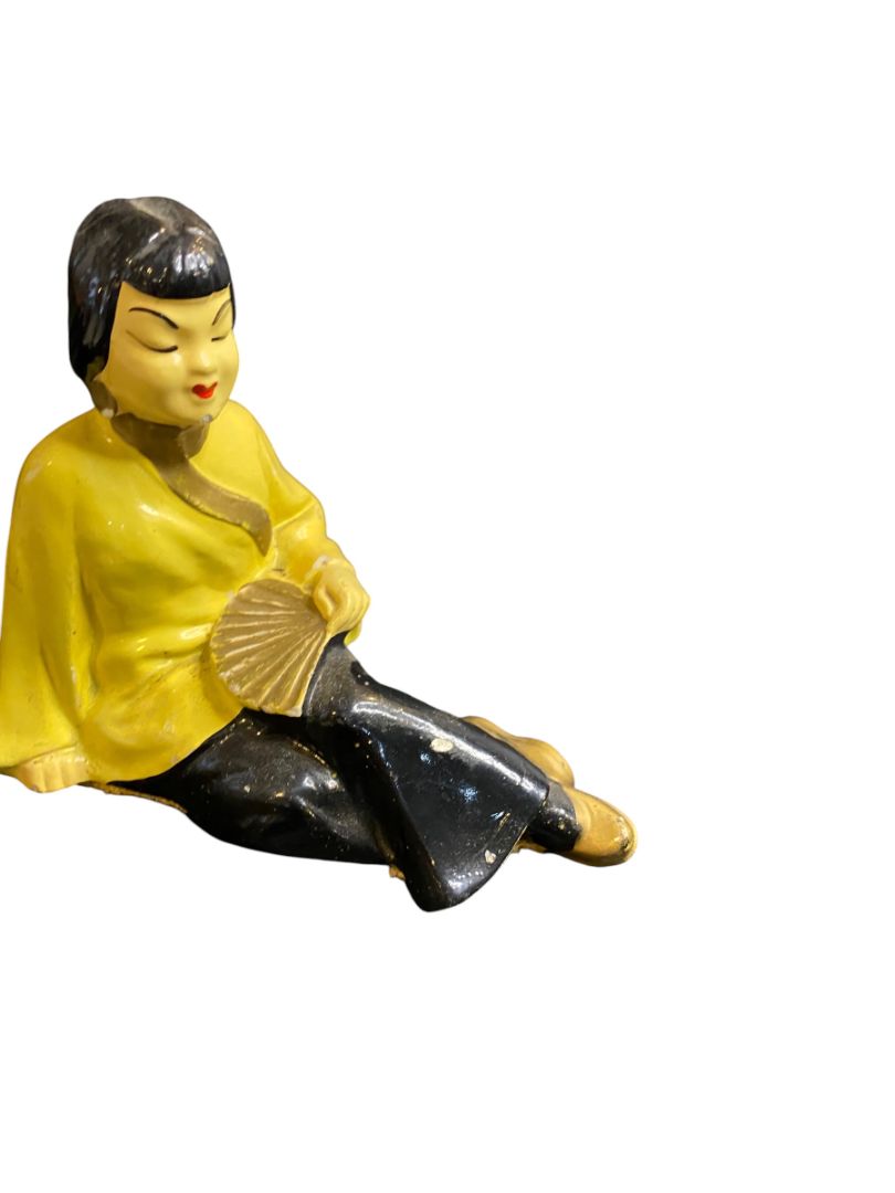 Midcentury Asian Chalkware Figurine Woman Sitting with Fan 5"l x 4"h