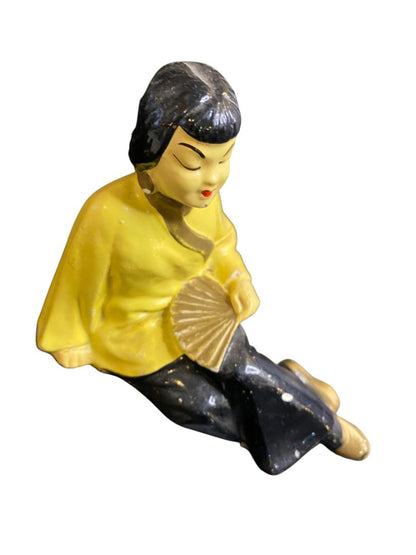Midcentury Asian Chalkware Figurine Woman Sitting with Fan 5"l x 4"h