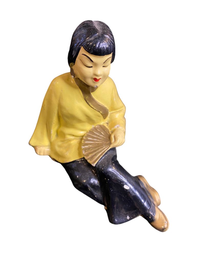 Midcentury Asian Chalkware Figurine Woman Sitting with Fan 5"l x 4"h