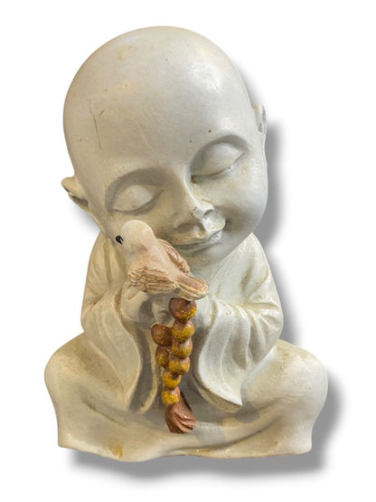 Vintage Baby Buddha Holding Bird Prayer Beads Figurine Resin 6" Indoor Outdoor