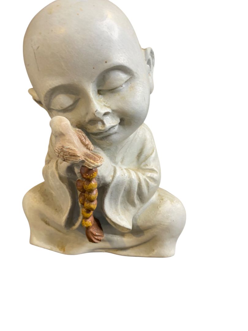 Vintage Baby Buddha Holding Bird Prayer Beads Figurine Resin 6" Indoor Outdoor