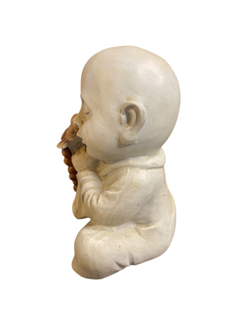Vintage Baby Buddha Holding Bird Prayer Beads Figurine Resin 6" Indoor Outdoor