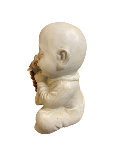 Vintage Baby Buddha Holding Bird Prayer Beads Figurine Resin 6" Indoor Outdoor