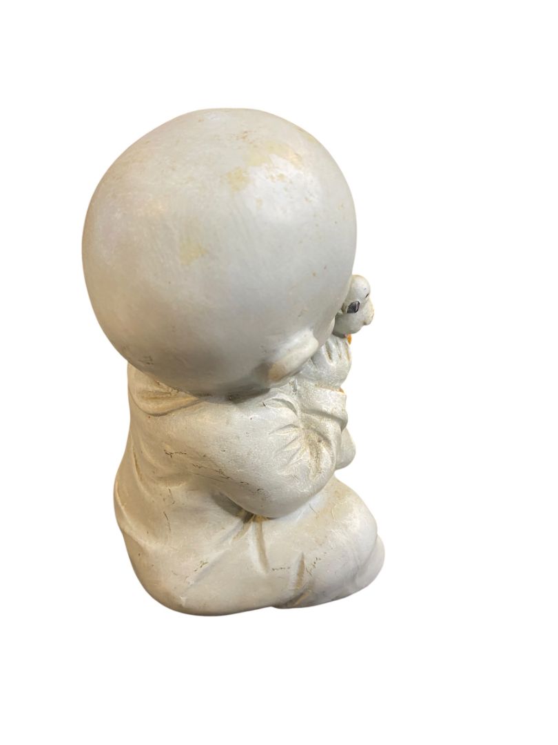 Vintage Baby Buddha Holding Bird Prayer Beads Figurine Resin 6" Indoor Outdoor