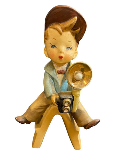 Vintage Napco Ceramic Figurine Boy Photographer Astride 6.5"