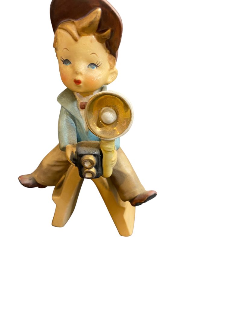 Vintage Napco Ceramic Figurine Boy Photographer Astride 6.5"