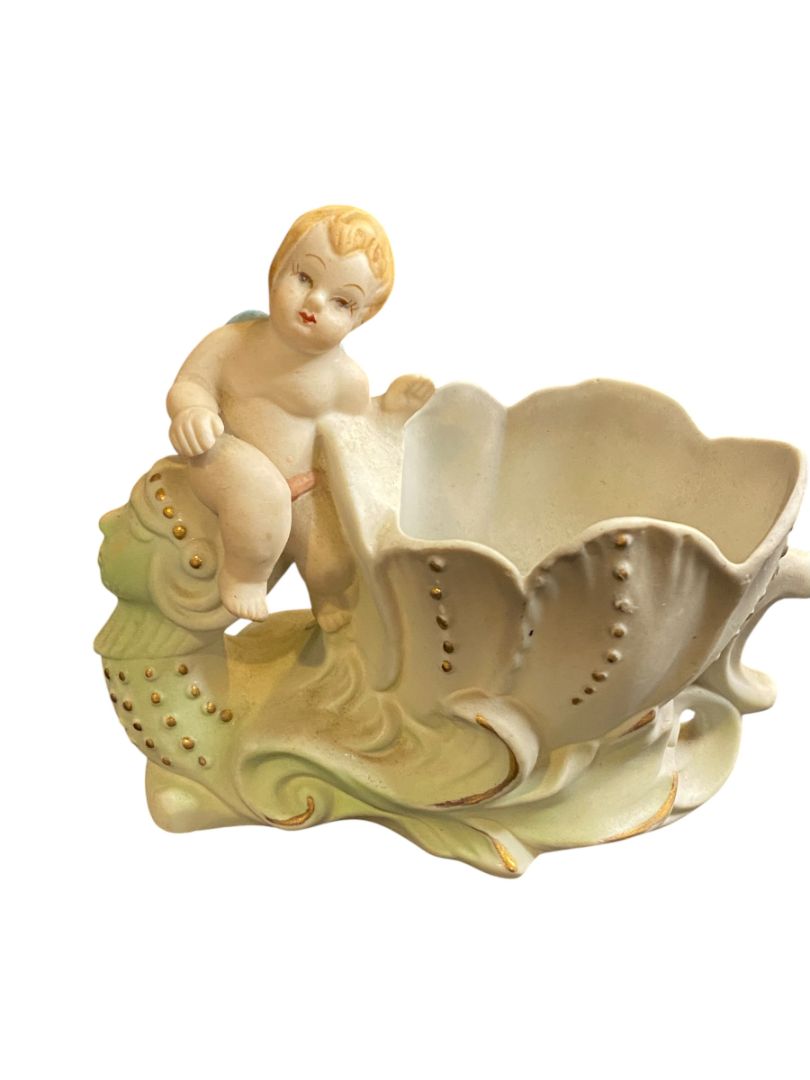 Vintage Japan Handpainted Ceramic Cherub Floral Vase Planter 5"