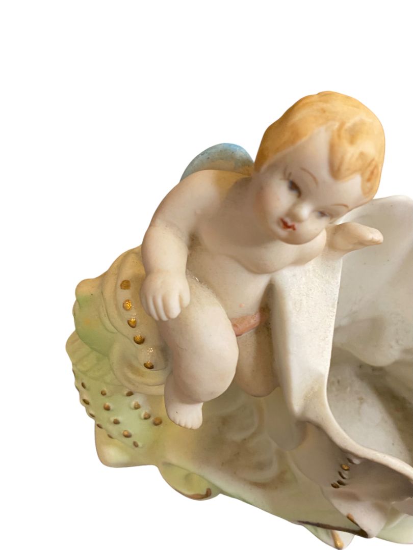 Vintage Japan Handpainted Ceramic Cherub Floral Vase Planter 5"