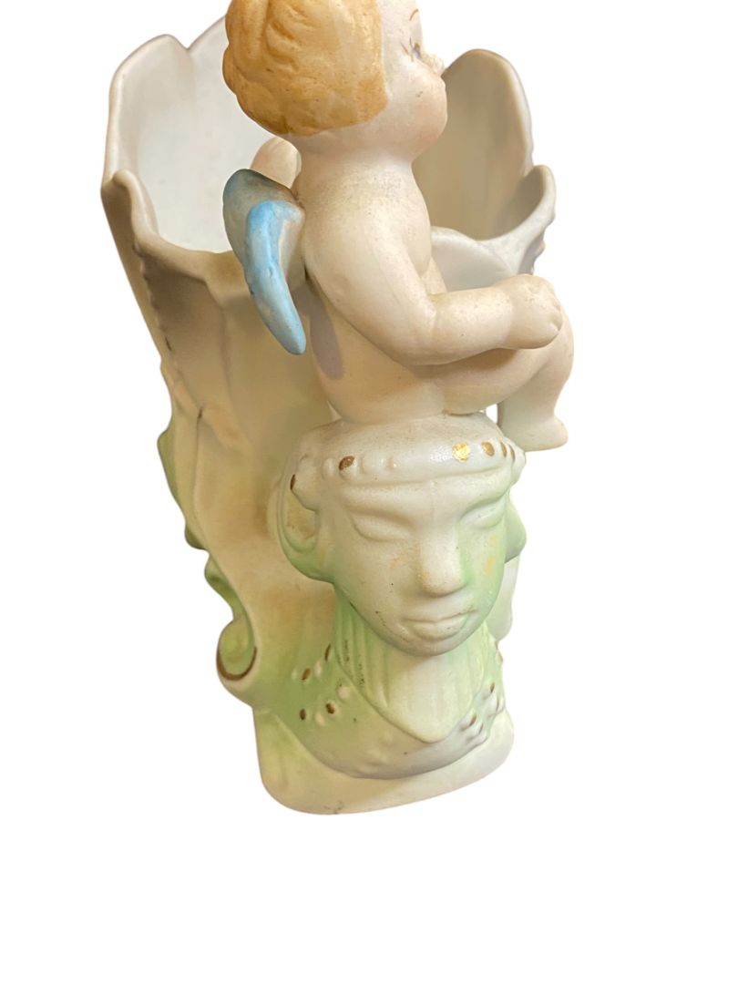 Vintage Japan Handpainted Ceramic Cherub Floral Vase Planter 5"