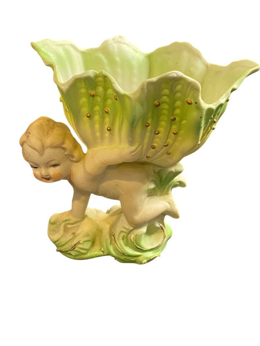 Vintage SJB Handpainted Ceramic Cherub Floral Vase Planter 4.75"